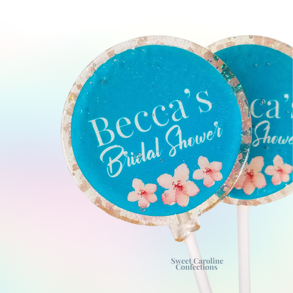 00391 EDIBLE WITH NAME AND BRIDAL SHOWER WITH PINK FLOWERS AT BOTTOM AND BLUE BACK