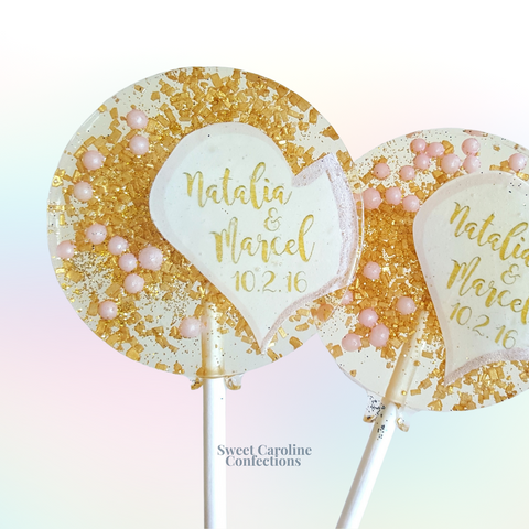 00381 HALF HEART PINK AND GOLD - Sweet Caroline Confections | The Original Sparkle Lollipops