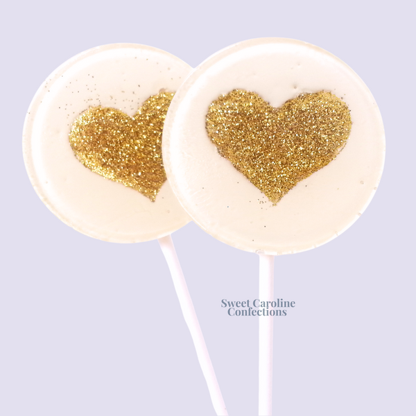00344 WHITE AND GOLD HEART - Sweet Caroline Confections | The Original Sparkle Lollipops