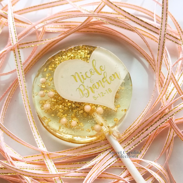 00381 HALF HEART PINK AND GOLD - Sweet Caroline Confections | The Original Sparkle Lollipops