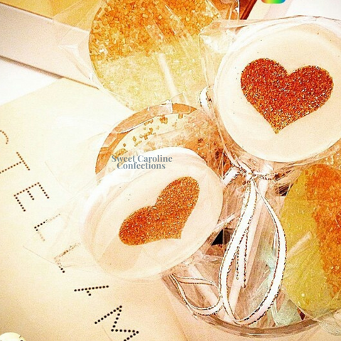 00344 WHITE AND GOLD HEART - Sweet Caroline Confections | The Original Sparkle Lollipops