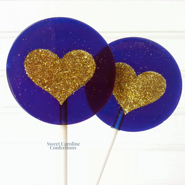 00325 NAVY AND GOLD, HEART - Sweet Caroline Confections | The Original Sparkle Lollipops