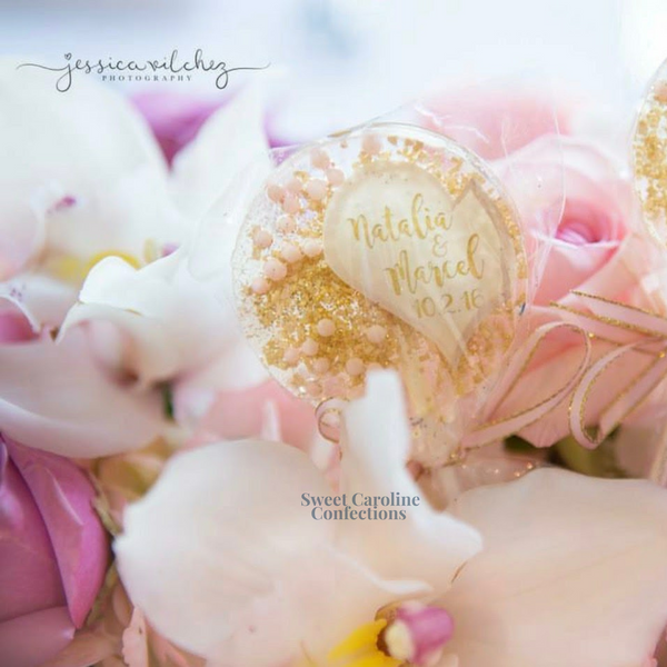 00381 HALF HEART PINK AND GOLD - Sweet Caroline Confections | The Original Sparkle Lollipops