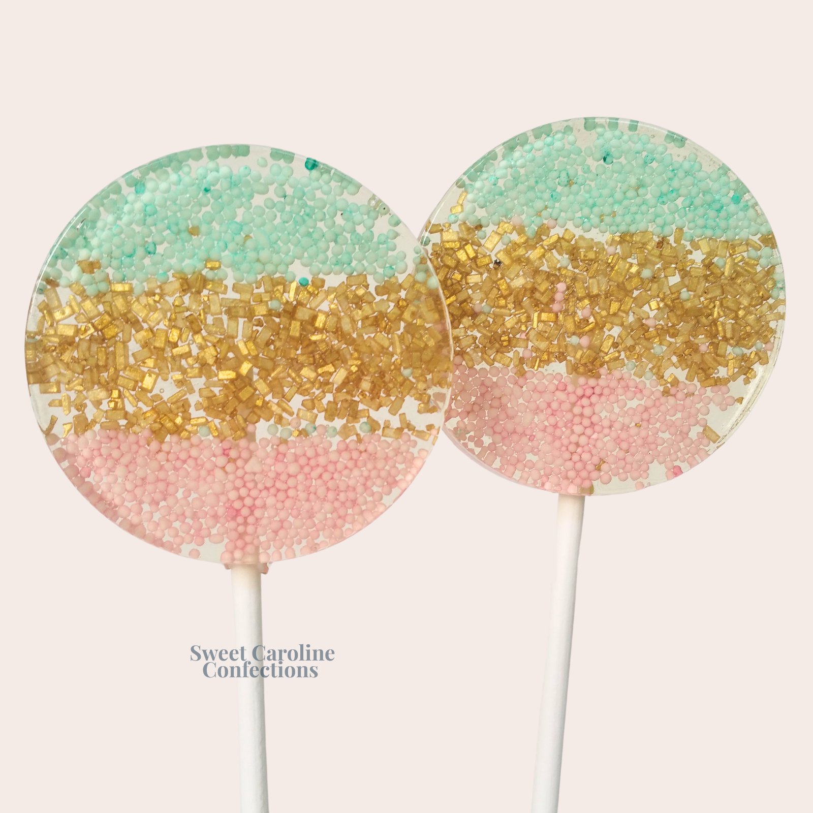 00351 LIGHT PINK, AQUA AND GOLD OMBRE - Sweet Caroline Confections | The Original Sparkle Lollipops