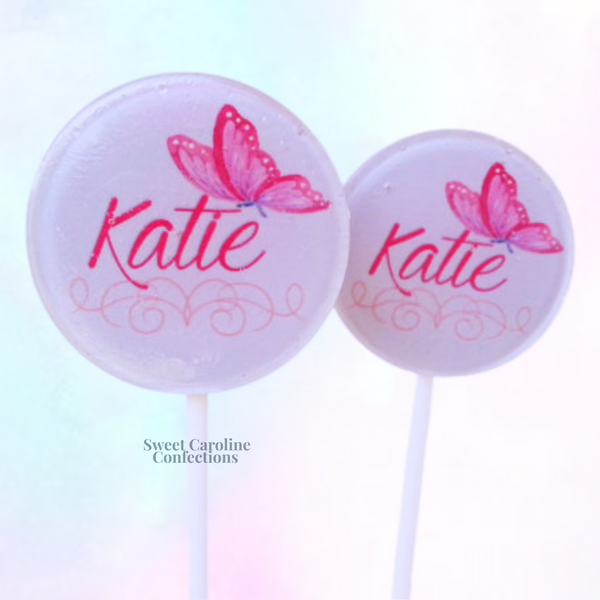 00372 PINK BUTTERFLY WITH NAME - Sweet Caroline Confections | The Original Sparkle Lollipops