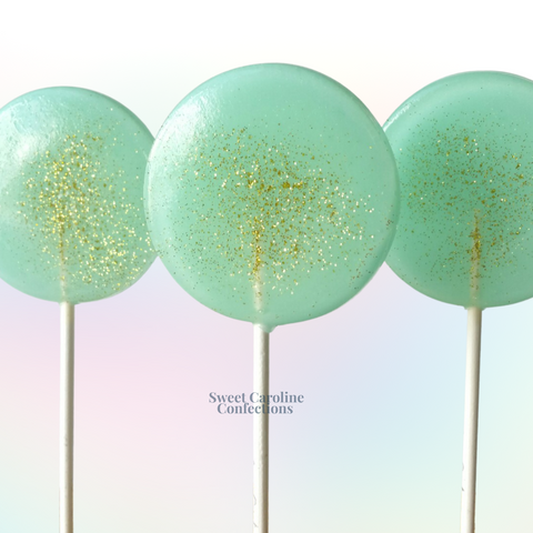 00468 SEAFOAM GREEN AND GOLD - Sweet Caroline Confections | The Original Sparkle Lollipops