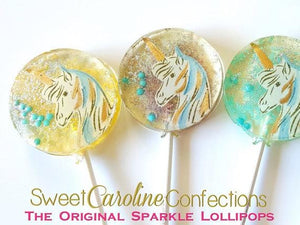 Yellow+Aqua+Purple Unicorn Lollipops - Set of 6 - Sweet Caroline Confections | The Original Sparkle Lollipops