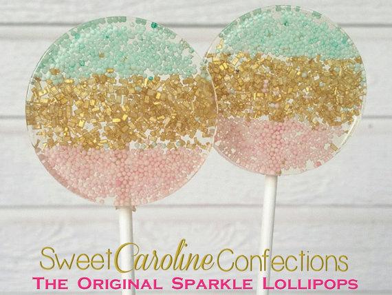 Light Pink+Gold+Light Aqua Lollipops - Set of 6 - Sweet Caroline Confections | The Original Sparkle Lollipops