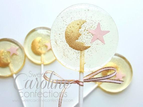Baby Shower Gold Moon and Pink Star Lollipops - Set of 6 - Sweet Caroline Confections | The Original Sparkle Lollipops