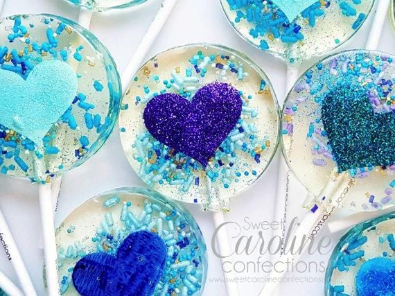 Teal Purple and Blue Heart Lollipops - Set of 6 - Sweet Caroline Confections | The Original Sparkle Lollipops