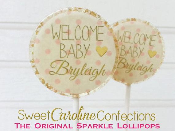 PInk and White Welcome Baby Lollipops - Set of 6 - Sweet Caroline Confections | The Original Sparkle Lollipops