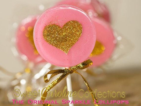 Bright Pink and Gold Heart Lollipops - Set of 6 - Sweet Caroline Confections | The Original Sparkle Lollipops