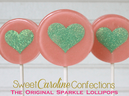 Mint and Coral Heart Lollipops - Set of 6 - Sweet Caroline Confections | The Original Sparkle Lollipops