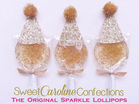 Gold Lollipops with Birthday Hat - Set of 6 - Sweet Caroline Confections | The Original Sparkle Lollipops