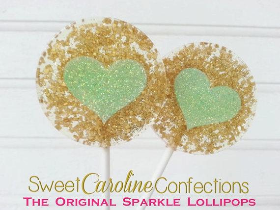 Gold and Mint Heart Lollipops - Set of 6 - Sweet Caroline Confections | The Original Sparkle Lollipops