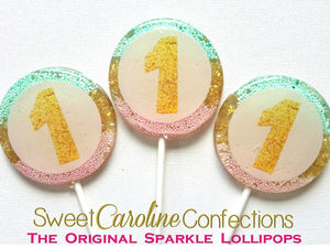 Pink, Aqua, Gold Number Sparkle Lollipops - Sweet Caroline Confections | The Original Sparkle Lollipops