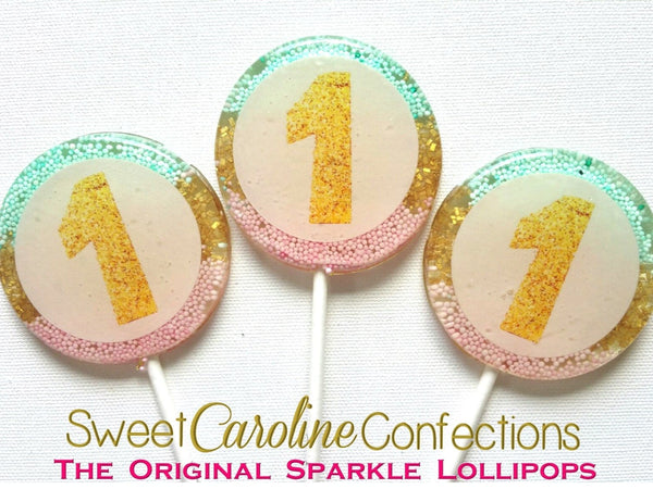Pink, Aqua, Gold Number Sparkle Lollipops - Sweet Caroline Confections | The Original Sparkle Lollipops