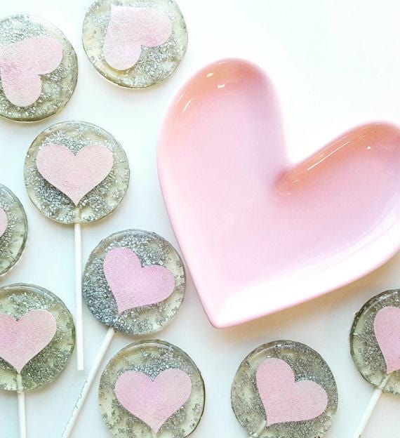 Silver and Light Pink Heart Lollipops - Set of 6 - Sweet Caroline Confections | The Original Sparkle Lollipops