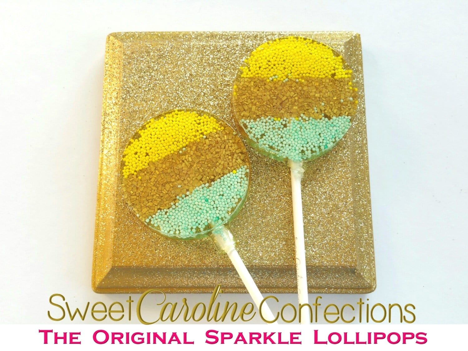Yellow+Gold+Light Aqua Lollipops - Set of 6 - Sweet Caroline Confections | The Original Sparkle Lollipops