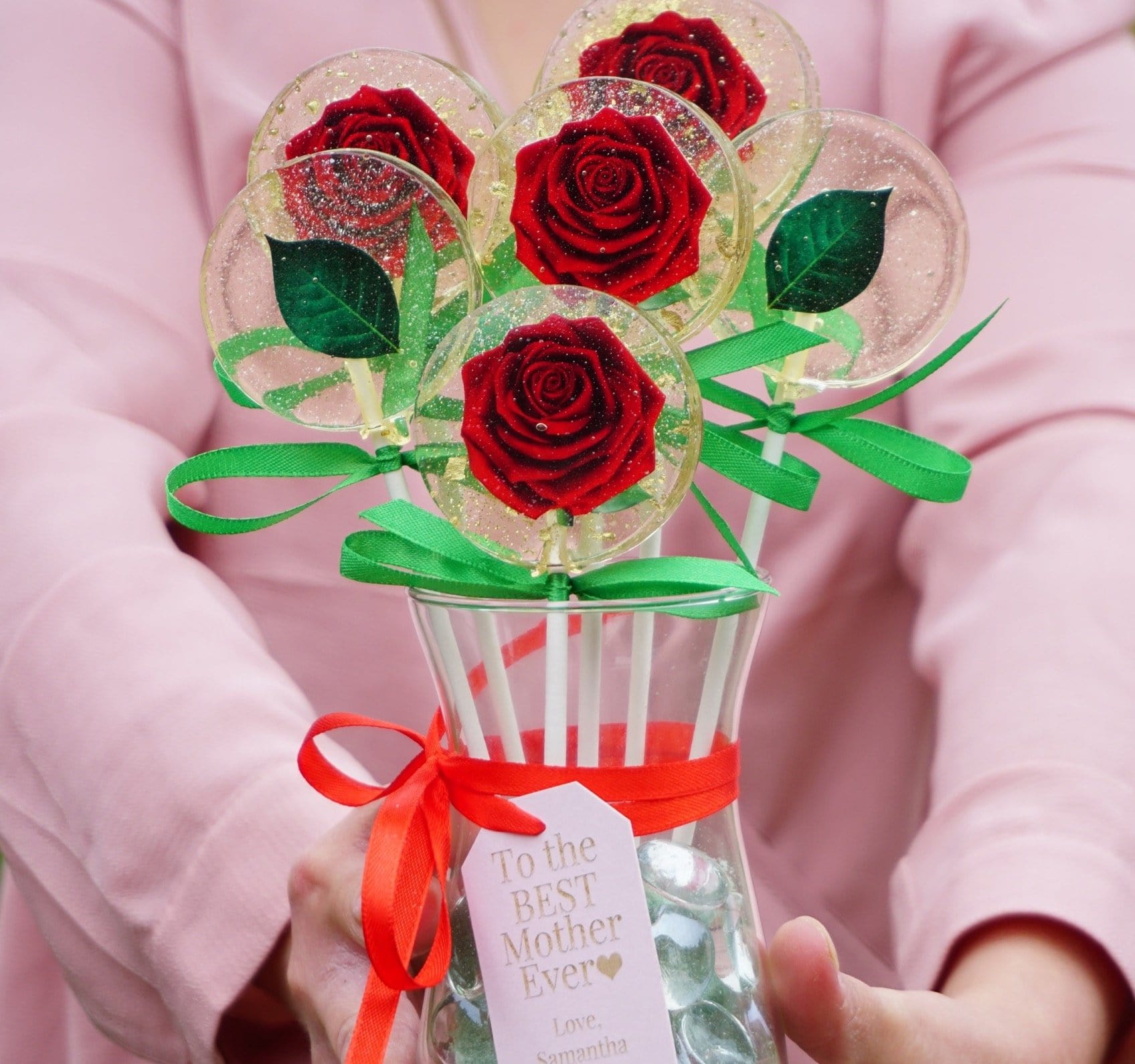 Red Rose Lollipop Flower Vase with Personalized Note - Sweet Caroline Confections | The Original Sparkle Lollipops