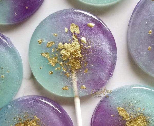Purple Aqua Gold Watercolor Lollipops with Custom Tags- Set of 6 - Sweet Caroline Confections | The Original Sparkle Lollipops