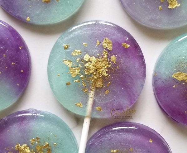 Purple Aqua Gold Watercolor Lollipops with Custom Tags- Set of 6 - Sweet Caroline Confections | The Original Sparkle Lollipops
