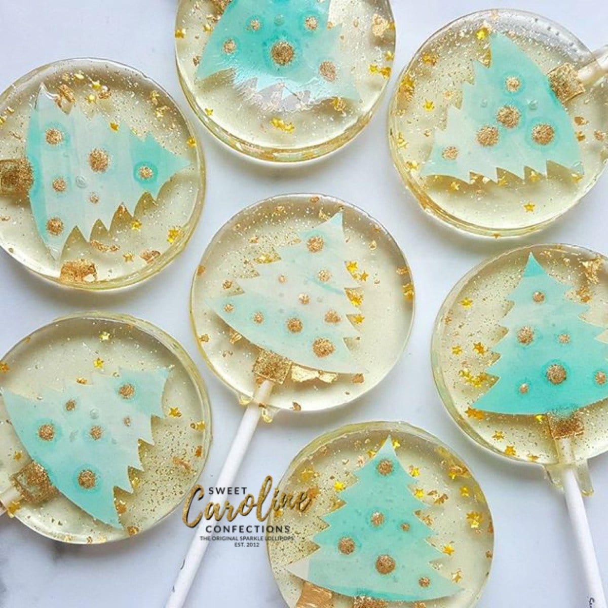 Aqua and Gold Christmas Tree Lollipops - Set of 6 - Sweet Caroline Confections | The Original Sparkle Lollipops