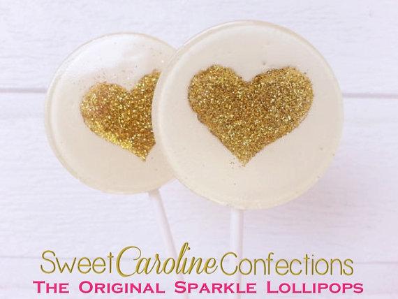 White and Gold Heart Lollipops - Set of 6 - Sweet Caroline Confections | The Original Sparkle Lollipops