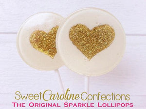 White and Gold Heart Lollipops - Set of 6 - Sweet Caroline Confections | The Original Sparkle Lollipops