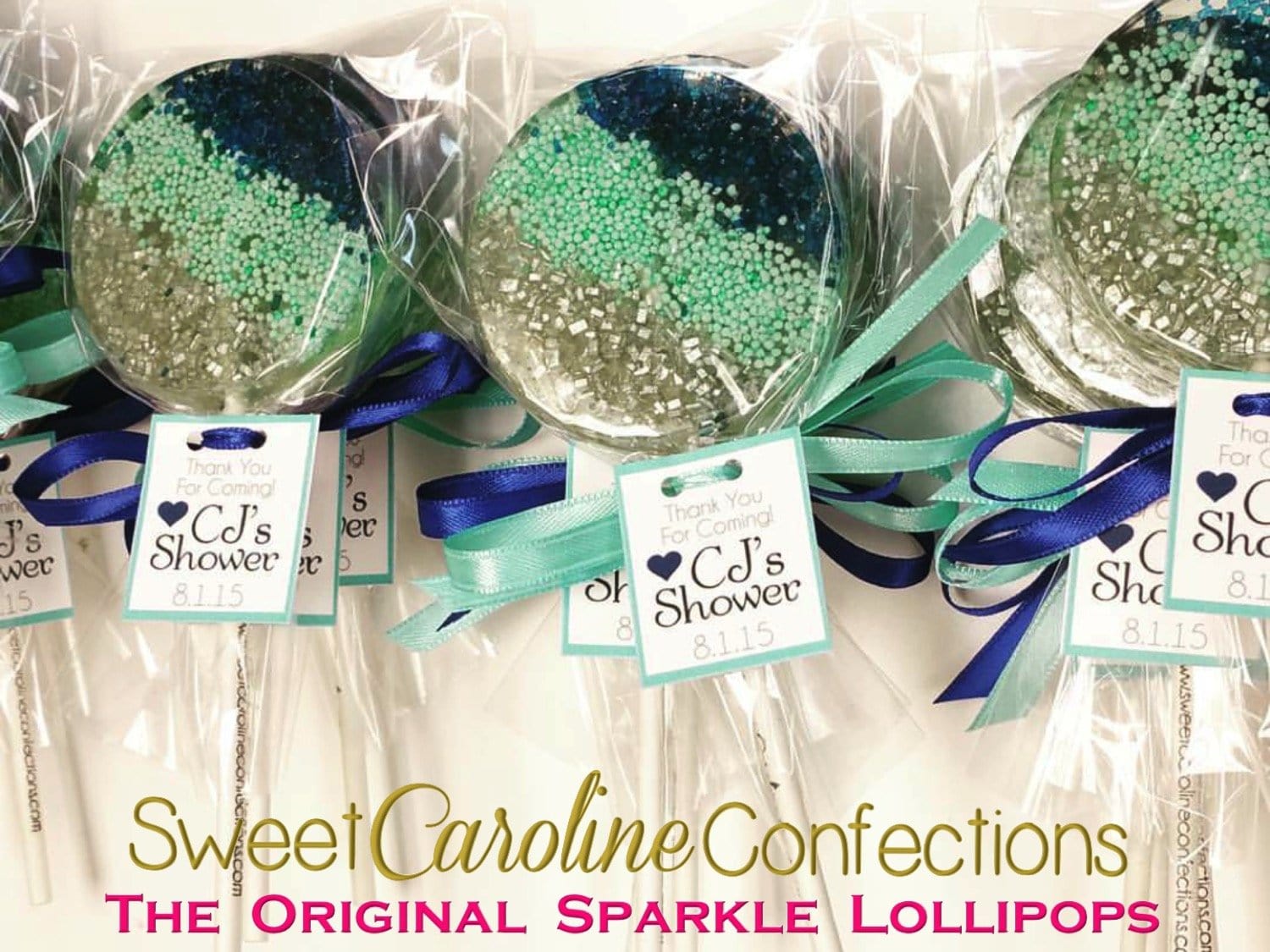 Navy+Aqua+Silver Lollipops with Tags- Set of 6 - Sweet Caroline Confections | The Original Sparkle Lollipops